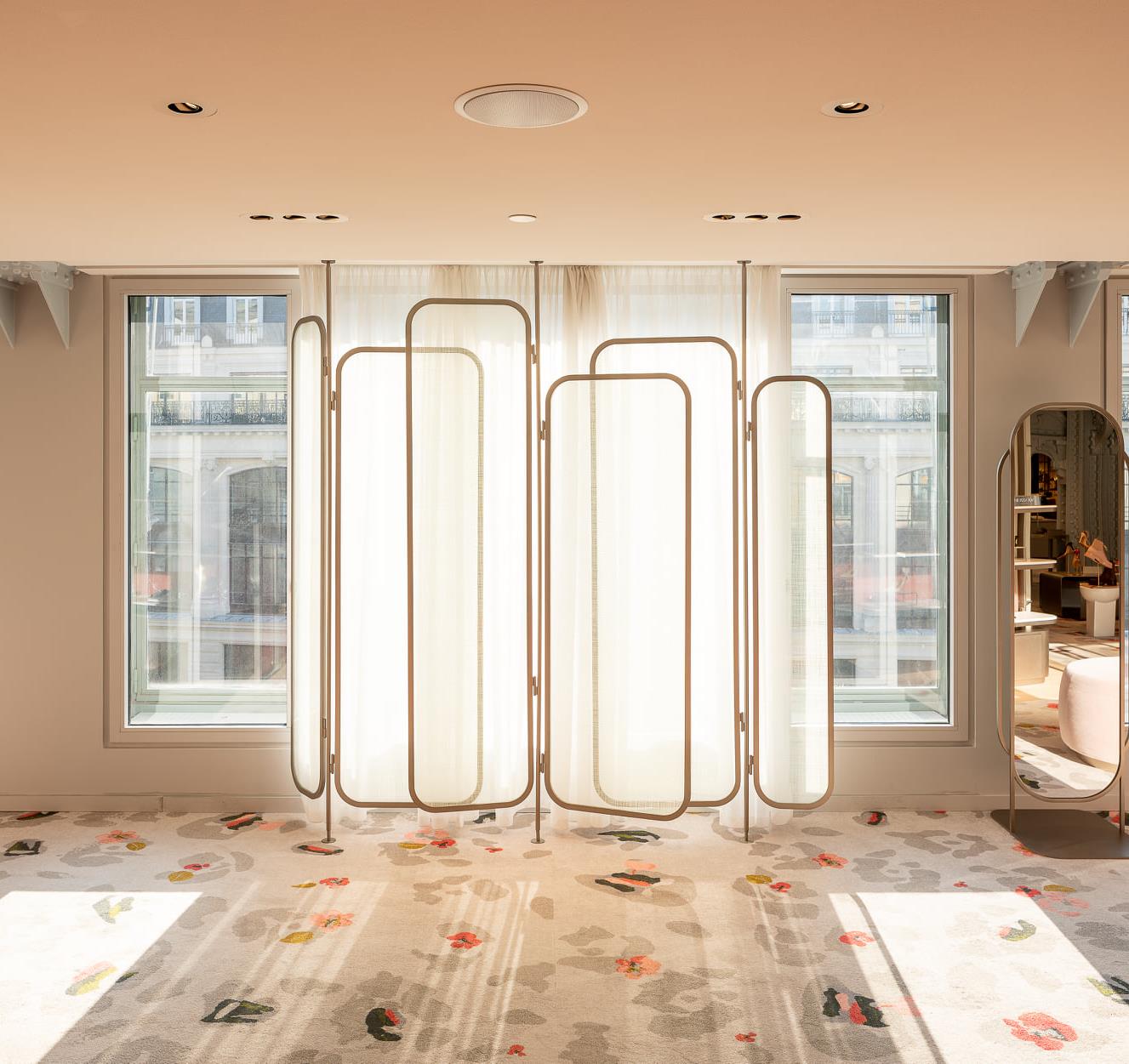 Striped carpet surface that introduces rhythm and directional flow to floor spaces.